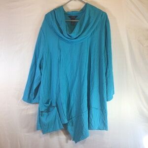 Ali Miles 2X Teal Cowl Neck Tunic Top Asymmetrical Hem Travel Resort Boho Casual